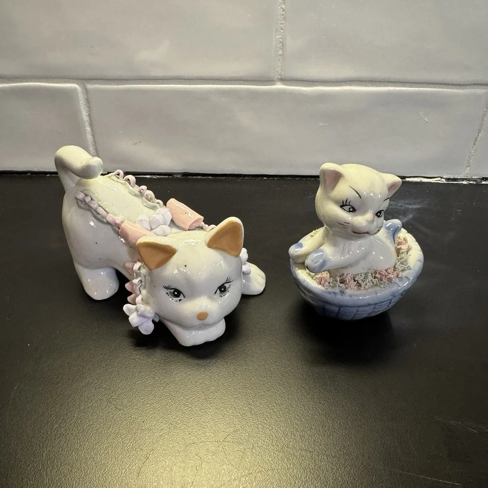 2 White Porcelain Ceramic Cat with Sculpted‎ Blue Roses Pink Bow Basket 1960's